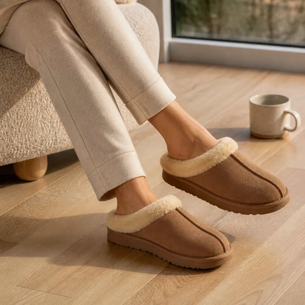Shearling Slippers — Cold tile under bare feet is the one small misery nobody plans for, and this fixes it before the complaining starts. Best white elephant