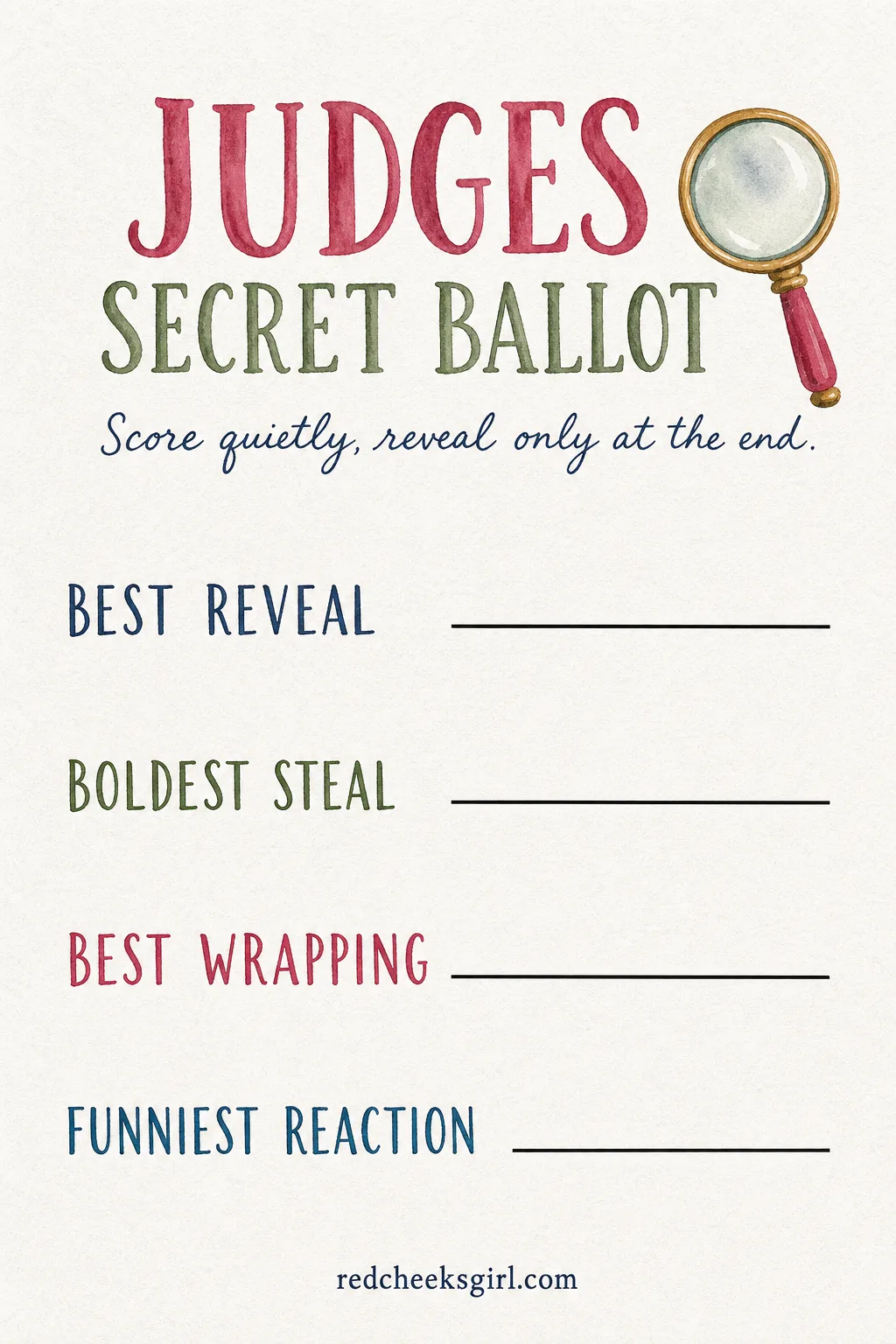 The Judges' Secret Ballot printable sheet — Two or three guests get pulled aside before the game starts and told, quietly, that they are judging tonight. White