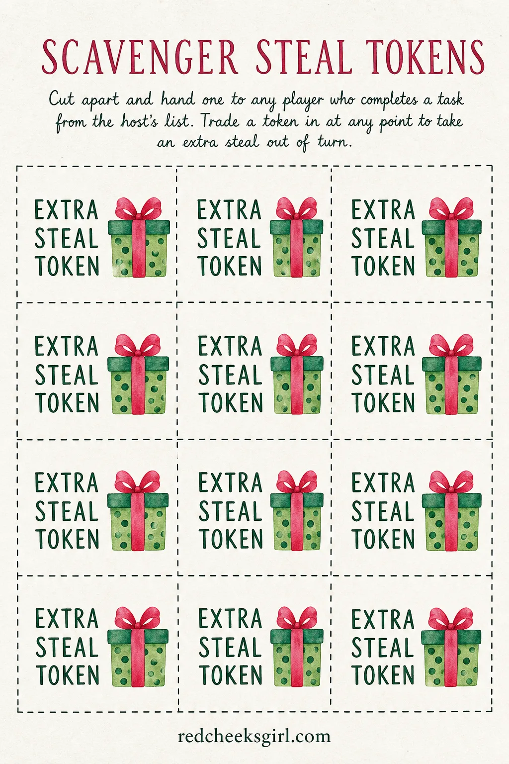 Scavenger Steal Tokens printable sheet — Before the swap even starts, hand out a short list of small tasks, snap a photo with someone wearing an ugly sweater