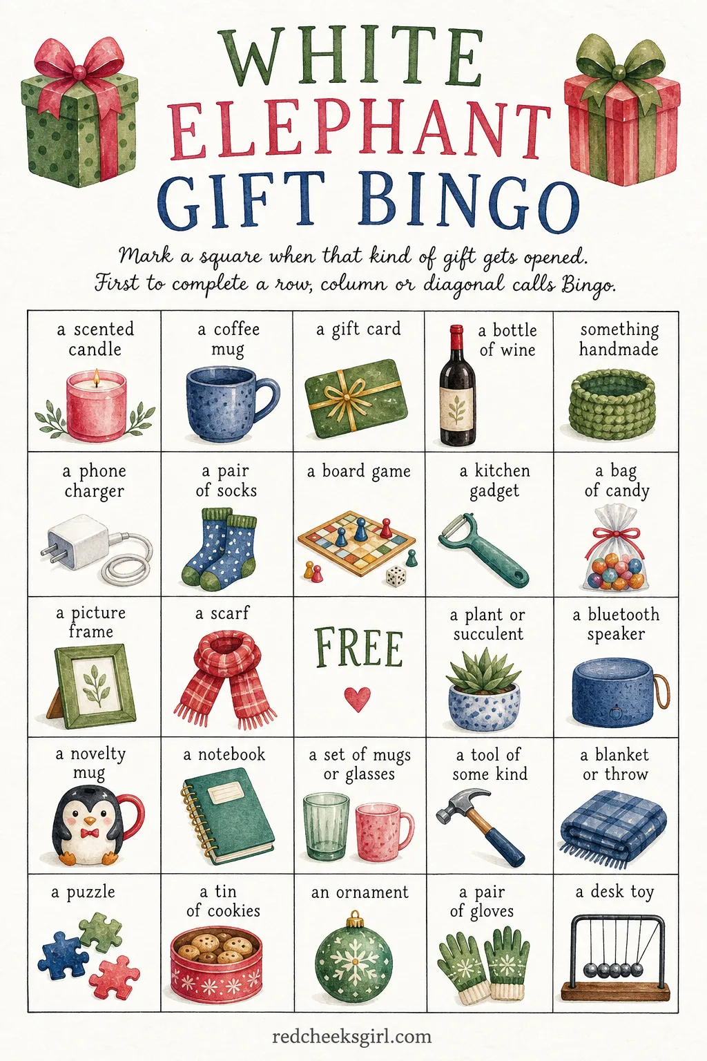 White Elephant Gift Bingo printable sheet — Half the room plays the swap, the other half (or the same half, holding a second sheet) hunts for gift categories
