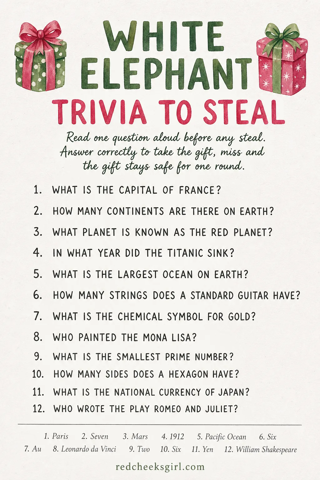 White Elephant Trivia-to-Steal printable sheet — A straight steal is quick. White elephant game ideas