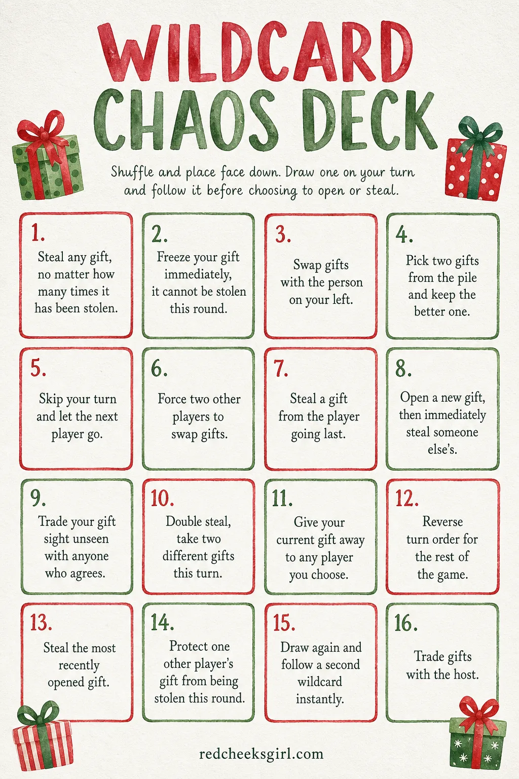 The Wildcard Chaos Deck printable sheet — Handing someone a card instead of a choice takes the decision out of their hands, and that is precisely what makes a