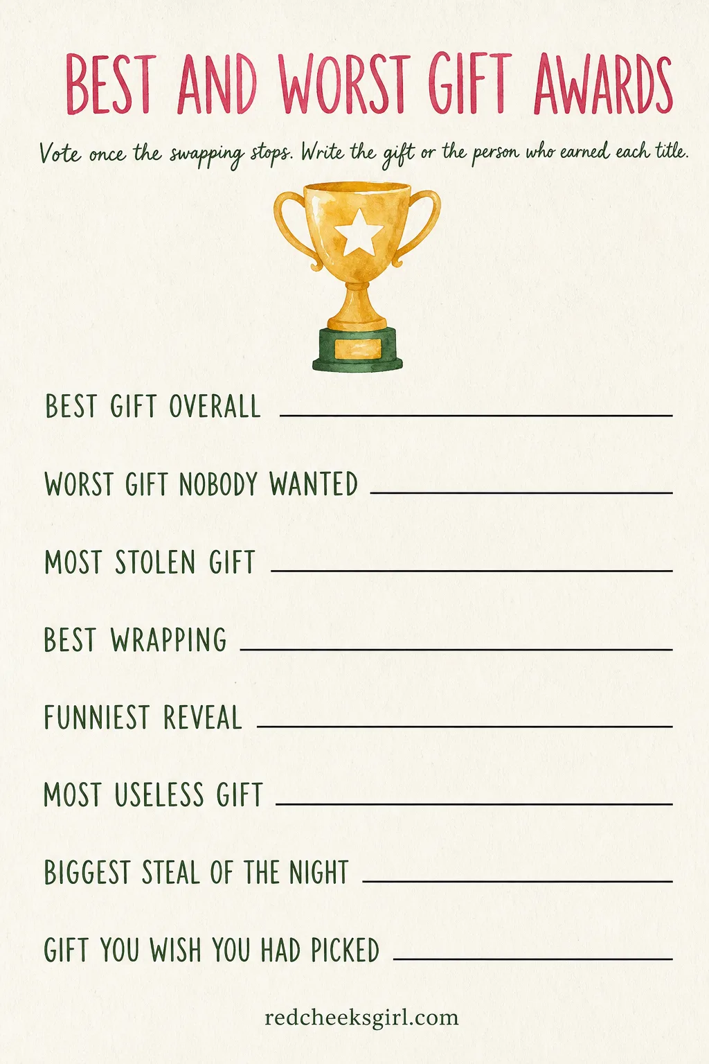 Best and Worst Gift Awards printable sheet — The swap ends, the gifts settle, and this is the five minutes after where the real opinions come out. White