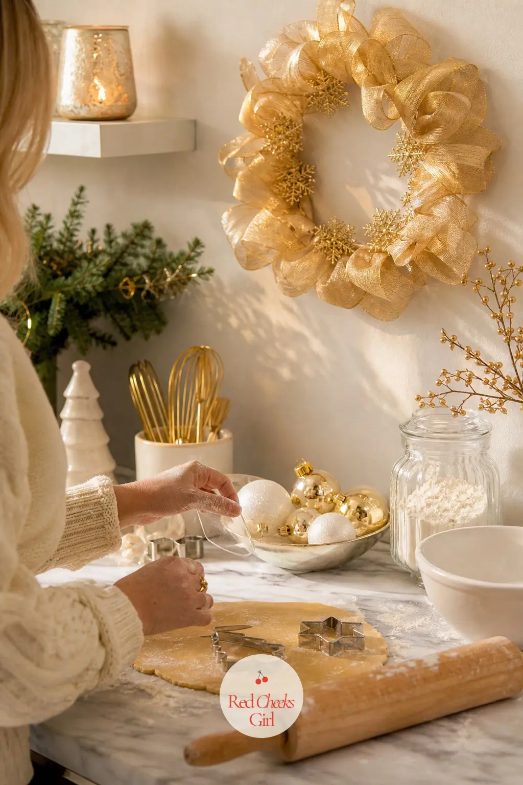The Baking Station, Finished with a Gold Ribbon Wreath — A small wreath hung on the cabinet above the baking station keeps the theme running even into the part