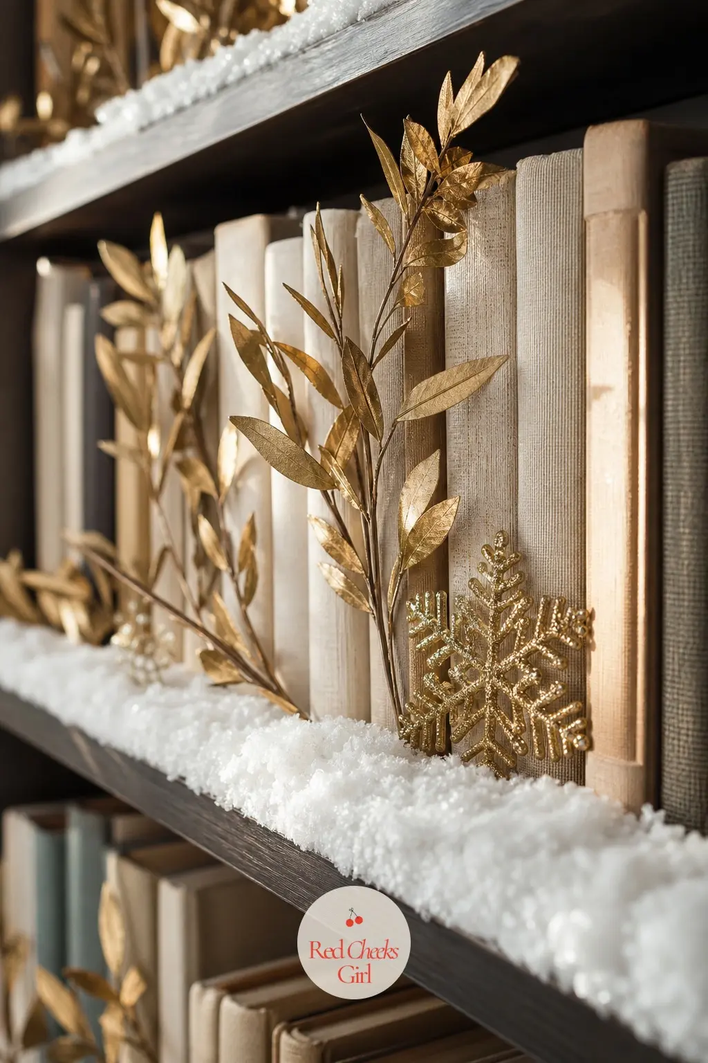 The Bookshelves, Lined with Faux Snow and Gold Leafed Branches — Rather than clearing a shelf for decor, tuck a thin line of faux snow along the front edge of