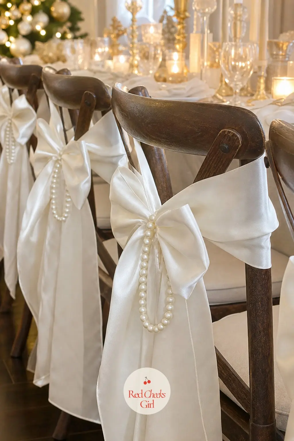 The Chairs, Tied with Pearl Strand Bows — Each chair back gets a bow in ivory satin with a short strand of pearls knotted through the centre instead of a