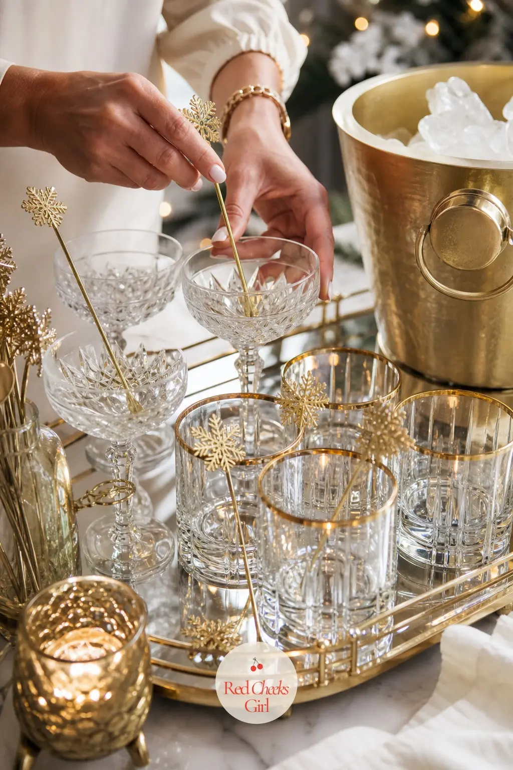 The Drinks Station, Set with Crystal Coupes and Gold Rimmed Glasses — A drinks station needs glassware that does the decorating on its own: gold rimmed