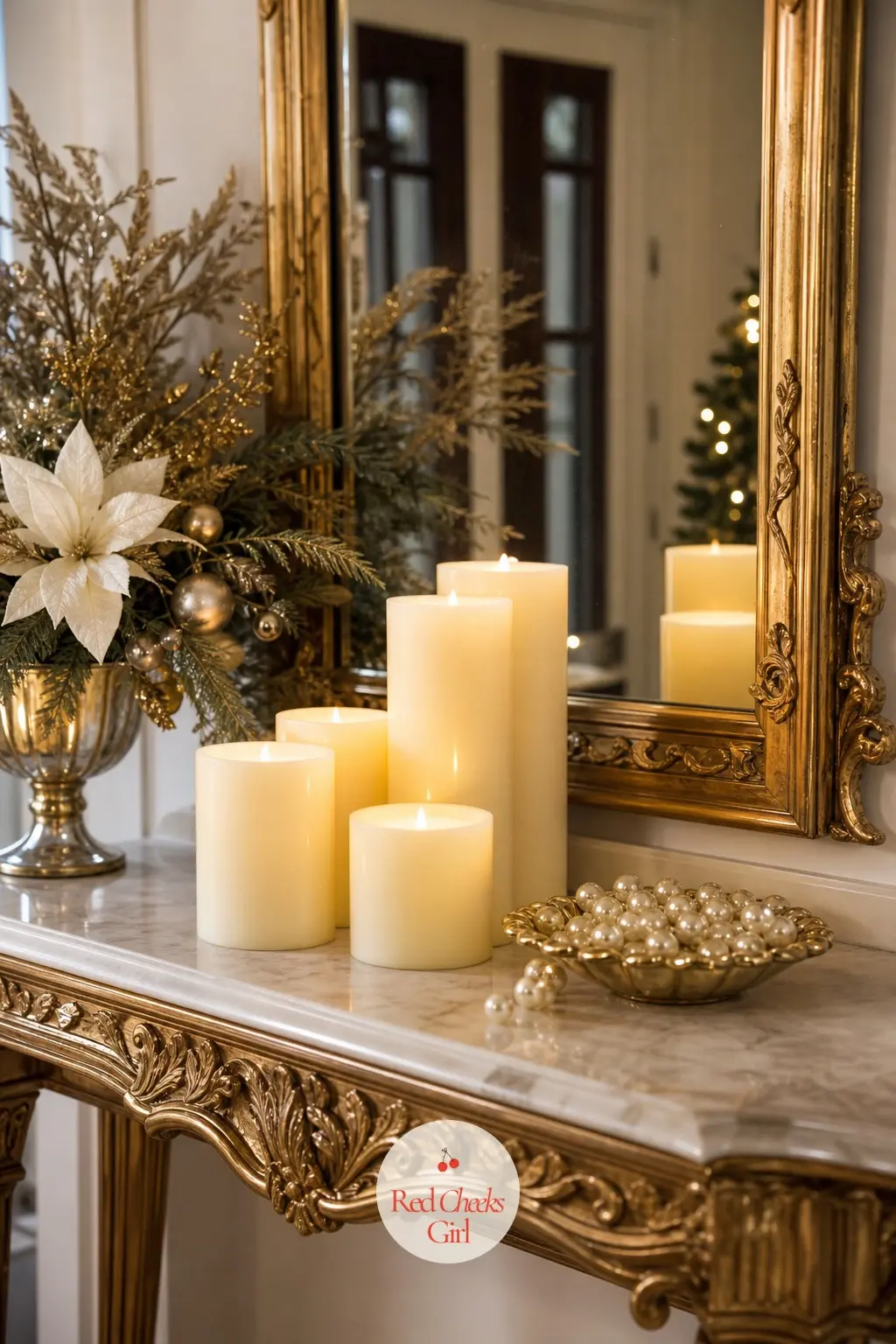 The Entry Console, Lit with Pillar Candles and a Gold Leafed Mirror — A console only needs height, light and one reflective surface to feel finished. White and