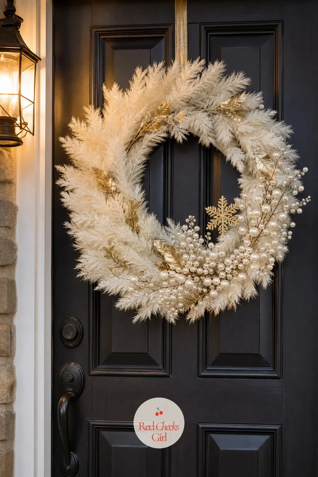 The Front Door, Hung with a Pearl and Gold Wreath — One wreath carries the whole theme to the street: ivory faux pine, gold leaf accents, and a cluster of