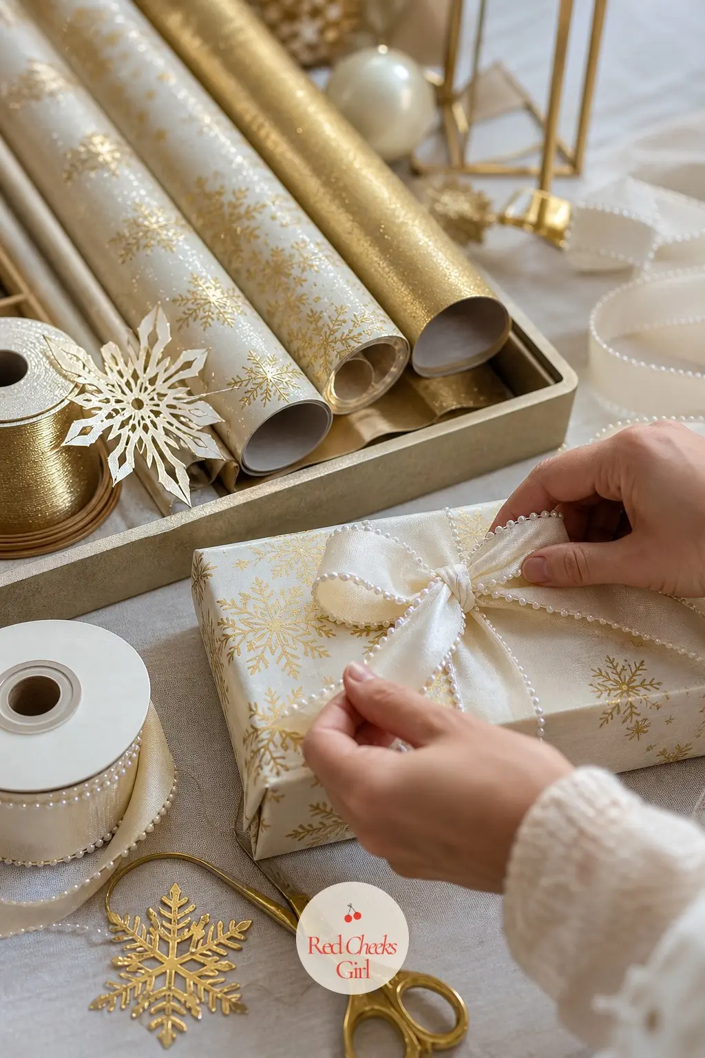 The Gift Wrapping Station, Papered in Ivory, Gold Foil and Pearl Ribbon — Two rolls of ivory wrapping paper and one roll of gold foil cover most of a season's