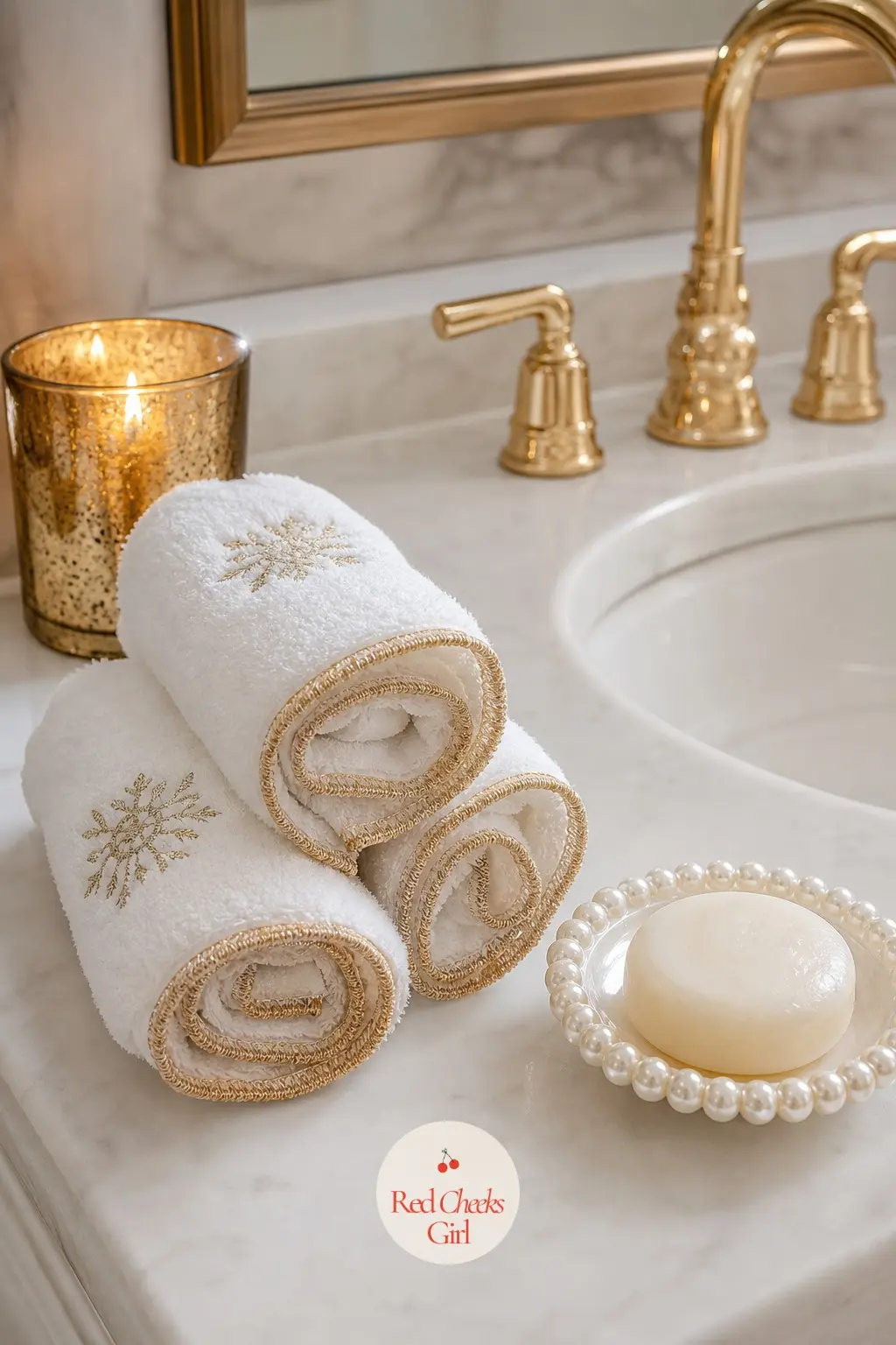 The Guest Bath, Finished with Gold Edged Hand Towels and a Pearl Soap Dish — Four gold edged hand towels, rolled rather than folded flat, and a pearl rimmed