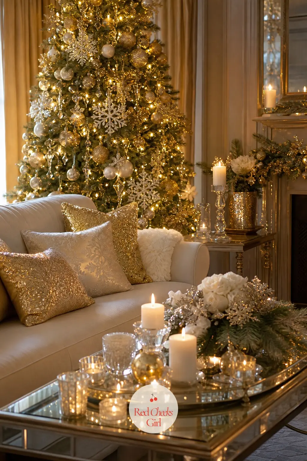 The Living Room, Glowing in Candlelight and Snow — The whole room gets one light temperature: warm white bulbs, no cool white anywhere, so the gold leaf and
