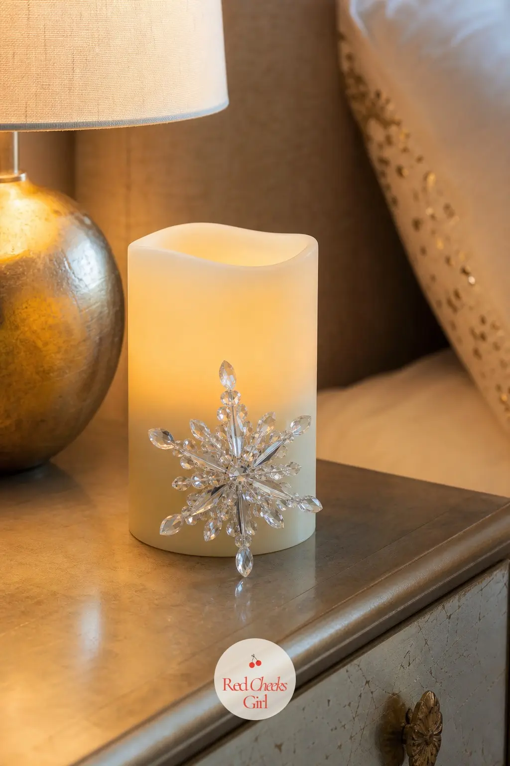 The Nightstand, Set with a Flameless Candle and a Crystal Snowflake — A nightstand only needs one small gesture to feel dressed for the season: a flameless