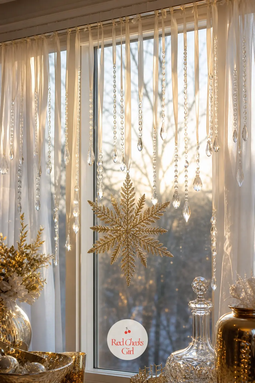 The Picture Window, Hung with Crystal Icicles and Ivory Ribbon — A window dressed for Christmas reads from the street as well as the sofa, so it earns a wide