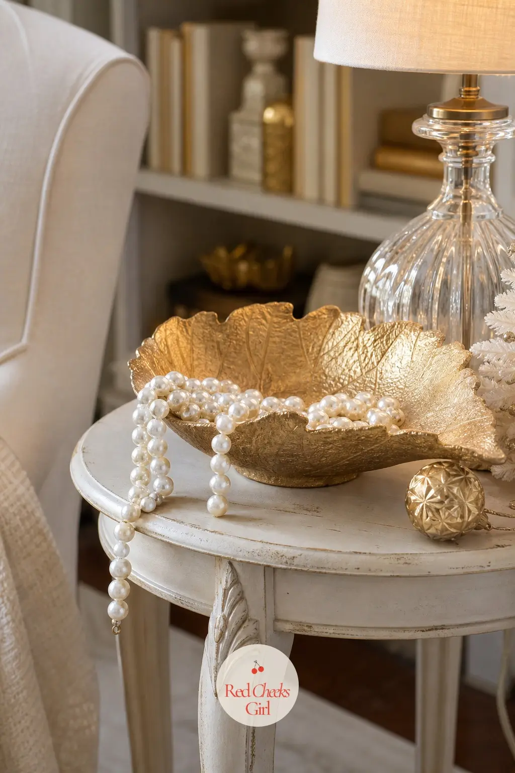 The Side Table, Topped with a Gold Leaf Bowl of Pearls — A small side table beside the armchair holds one object, not a cluster: a wide gold leafed bowl with