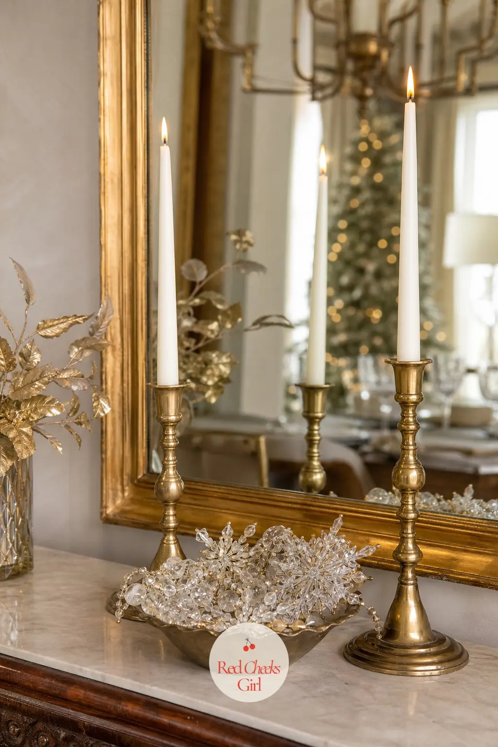 The Sideboard, Styled with Candlesticks and a Gold Leafed Mirror — A sideboard only needs height and reflection to earn its place in the room: a gold leafed