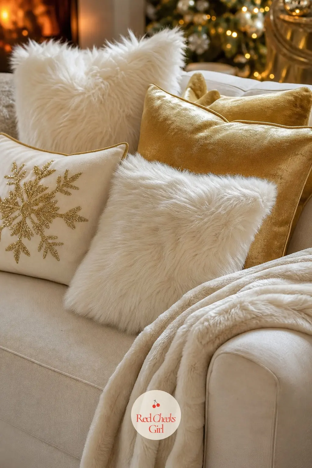 The Sofa, Piled in Ivory Faux Fur and Gold Velvet Cushions — The sofa is where the theme gets to feel soft rather than styled: ivory faux fur against gold