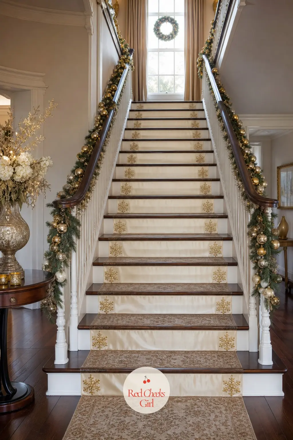 The Staircase, Risers Wrapped in Ivory Ribbon and Gold Leafed Snowflakes — Rather than dressing the handrail, wrap the risers themselves in wide ivory satin