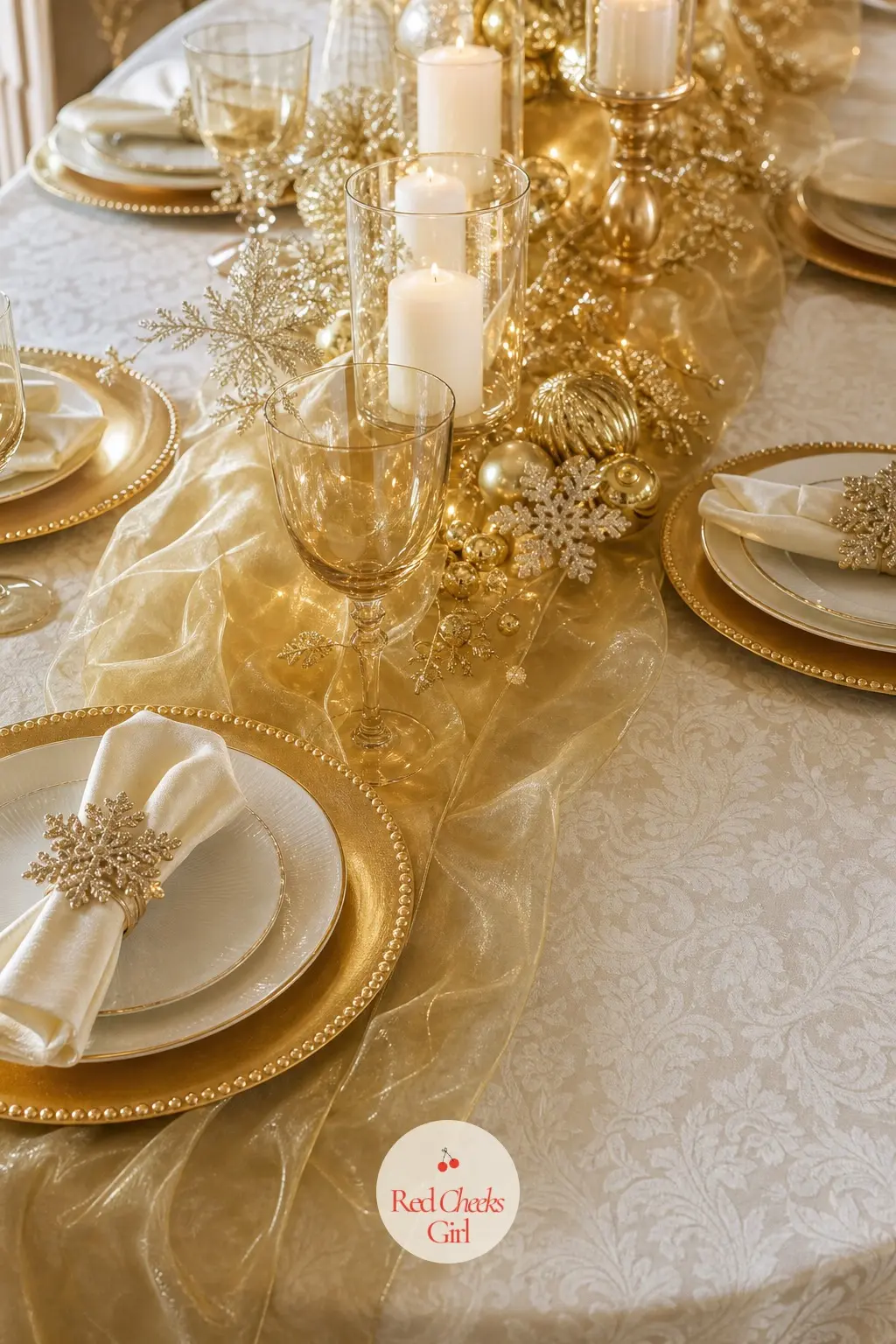 The Table, Layered in Ivory Damask and Gold Organza — Build the table from the cloth up: an ivory damask cloth first, a gold organza runner laid over it