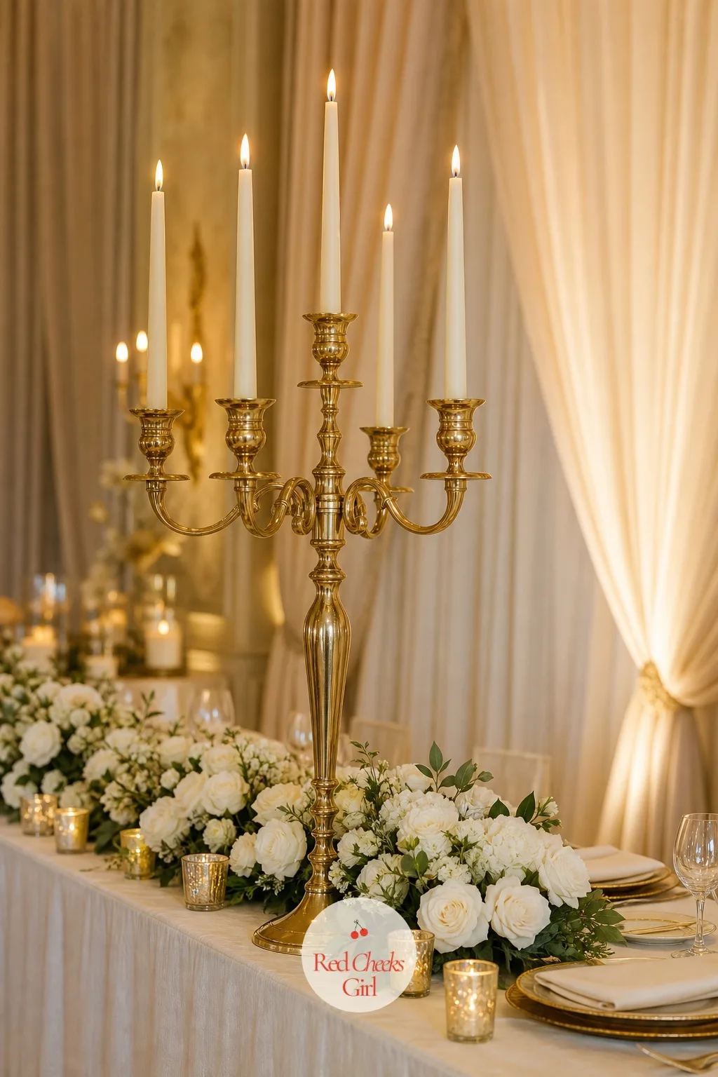 The Candelabras — This is the one piece on the head table tall enough to actually be seen by guests sitting several tables back, past everyone else's