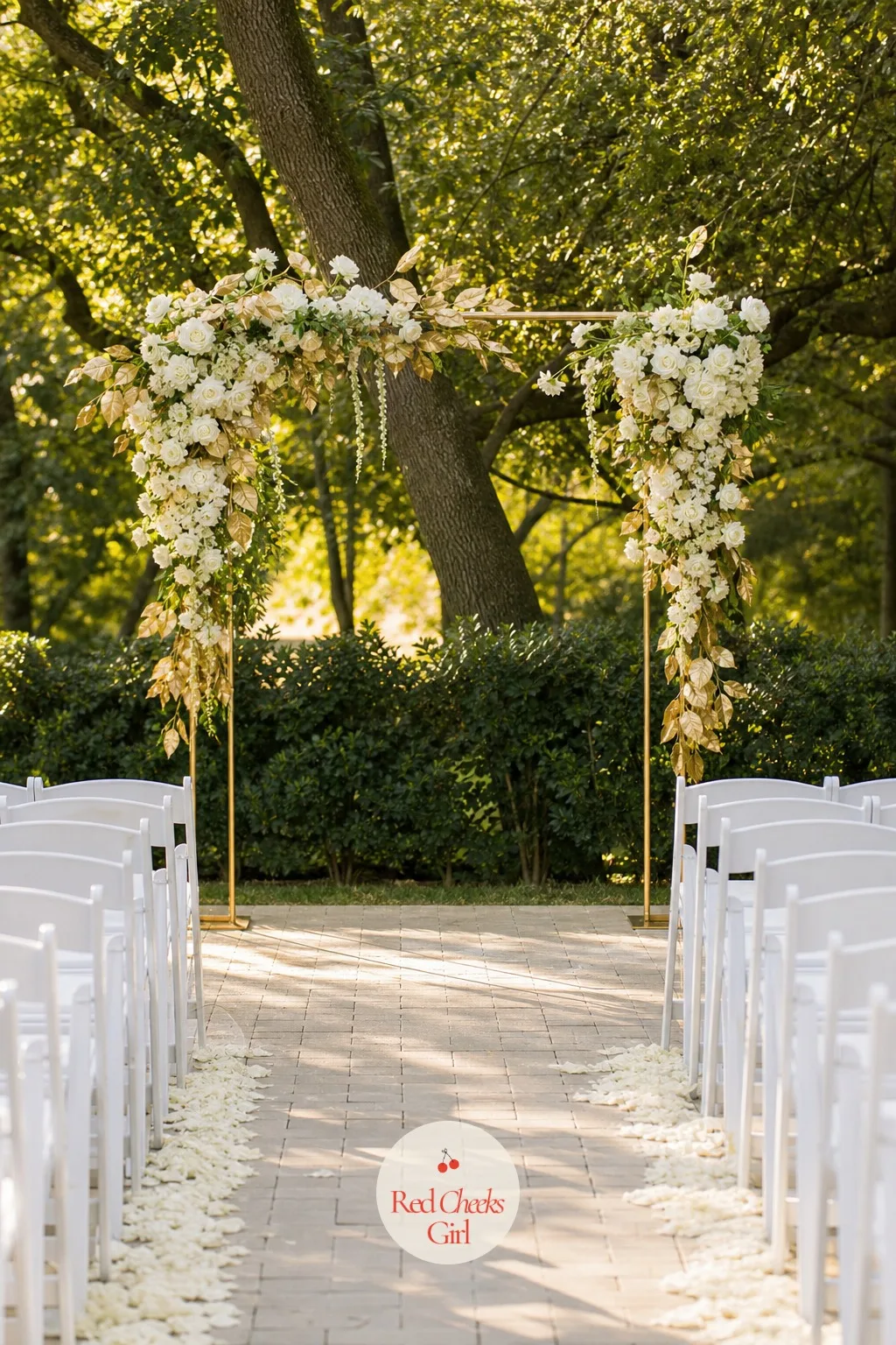 The Ceremony Arch — Every guest looks at this before they look at anything else, so it has to say white and gold instantly, without a balloon or paper lantern
