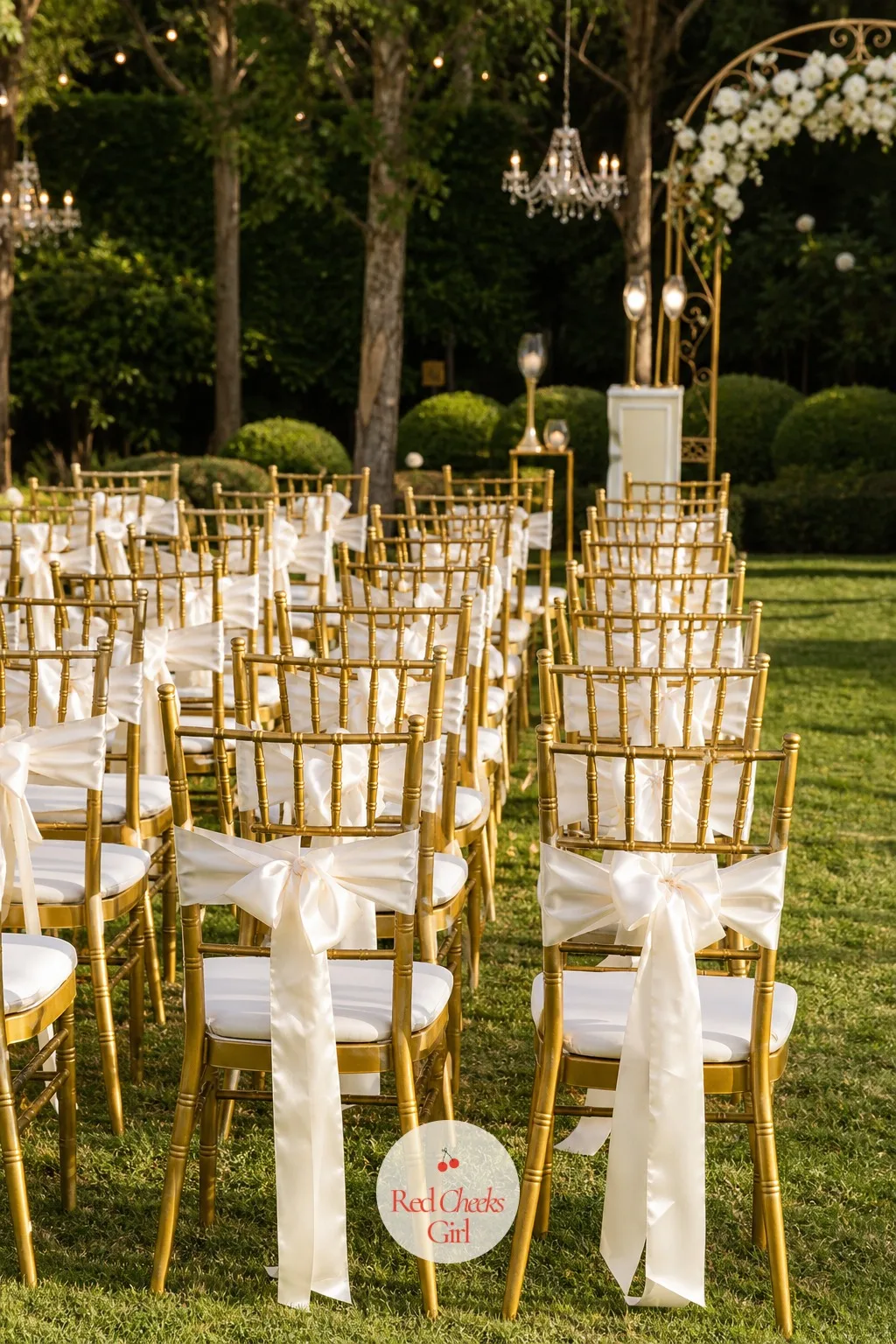 The Ceremony Seating — She will notice the chairs in every ceremony photograph, long after she has forgotten what she served for dinner. White and gold wedding