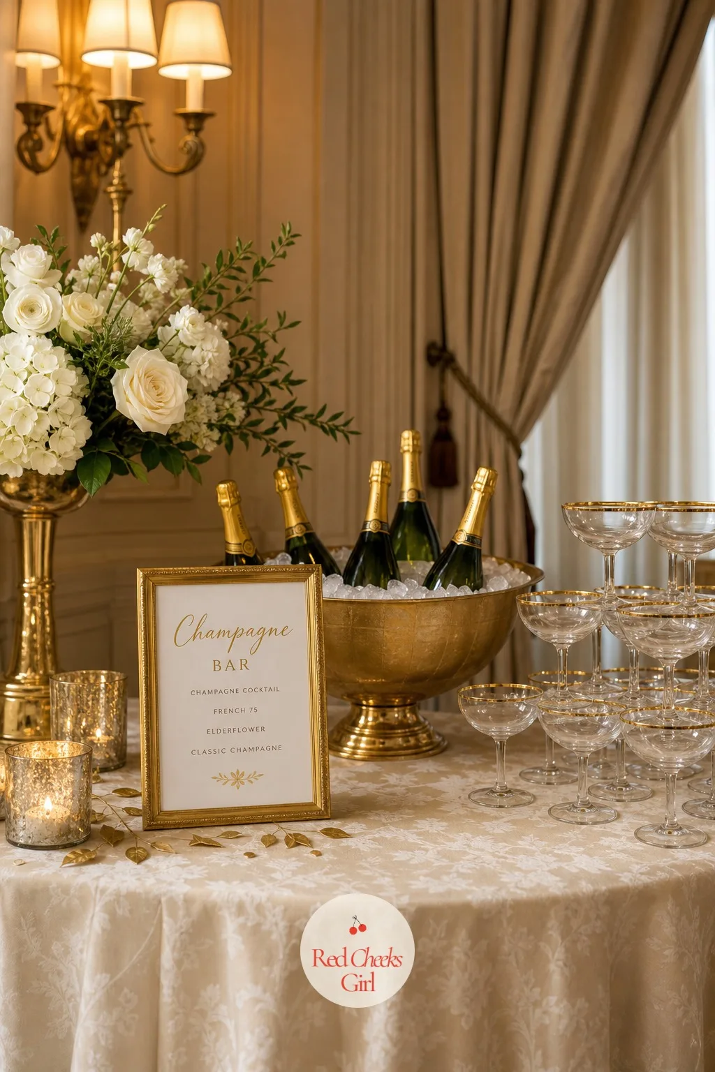 The Champagne Bar — Guests gather here before anyone sits down for dinner and again right after the toast, which makes it one of the busiest corners of the