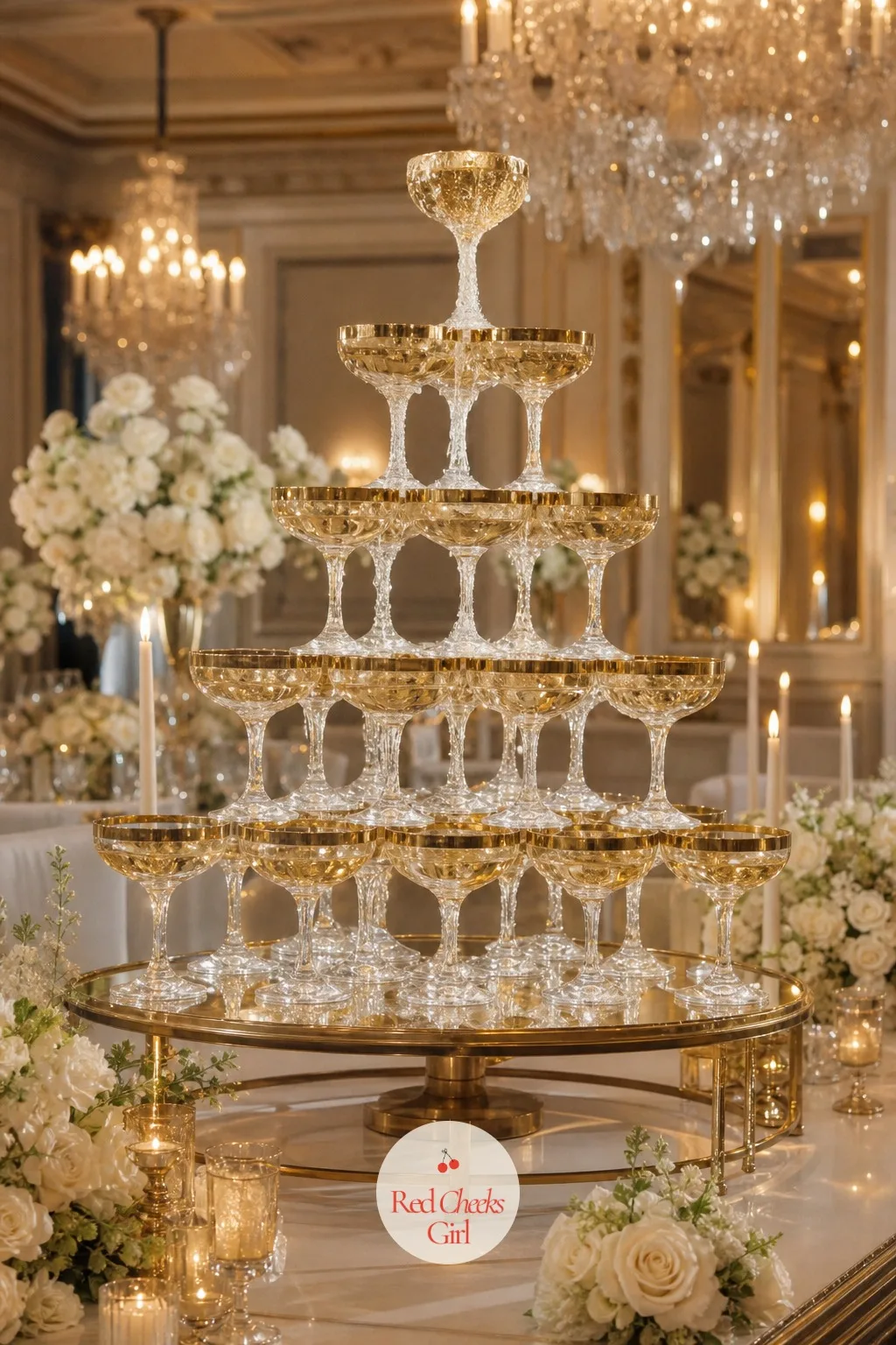 The Champagne Tower — It is pure theatre, the one moment during the reception when guests actually gather round and watch something happen instead of talking