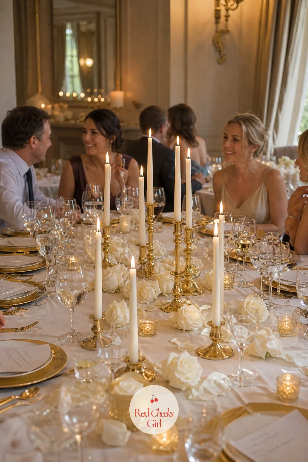 The Low Centerpiece Tables — Not every table needs the tall arrangement, and alternating keeps the room from feeling like a florist's showroom lined up in a