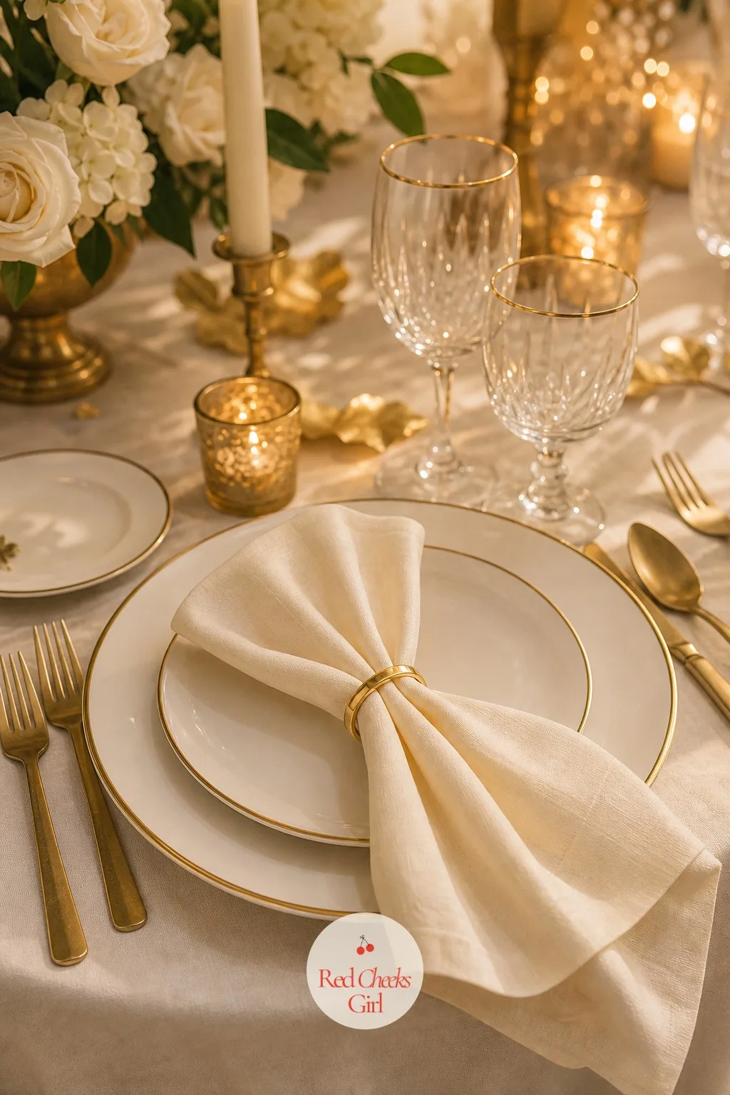The Napkins — It sits folded under every fork before dinner starts, the one piece of the table every single guest picks up with their own hands. White and gold