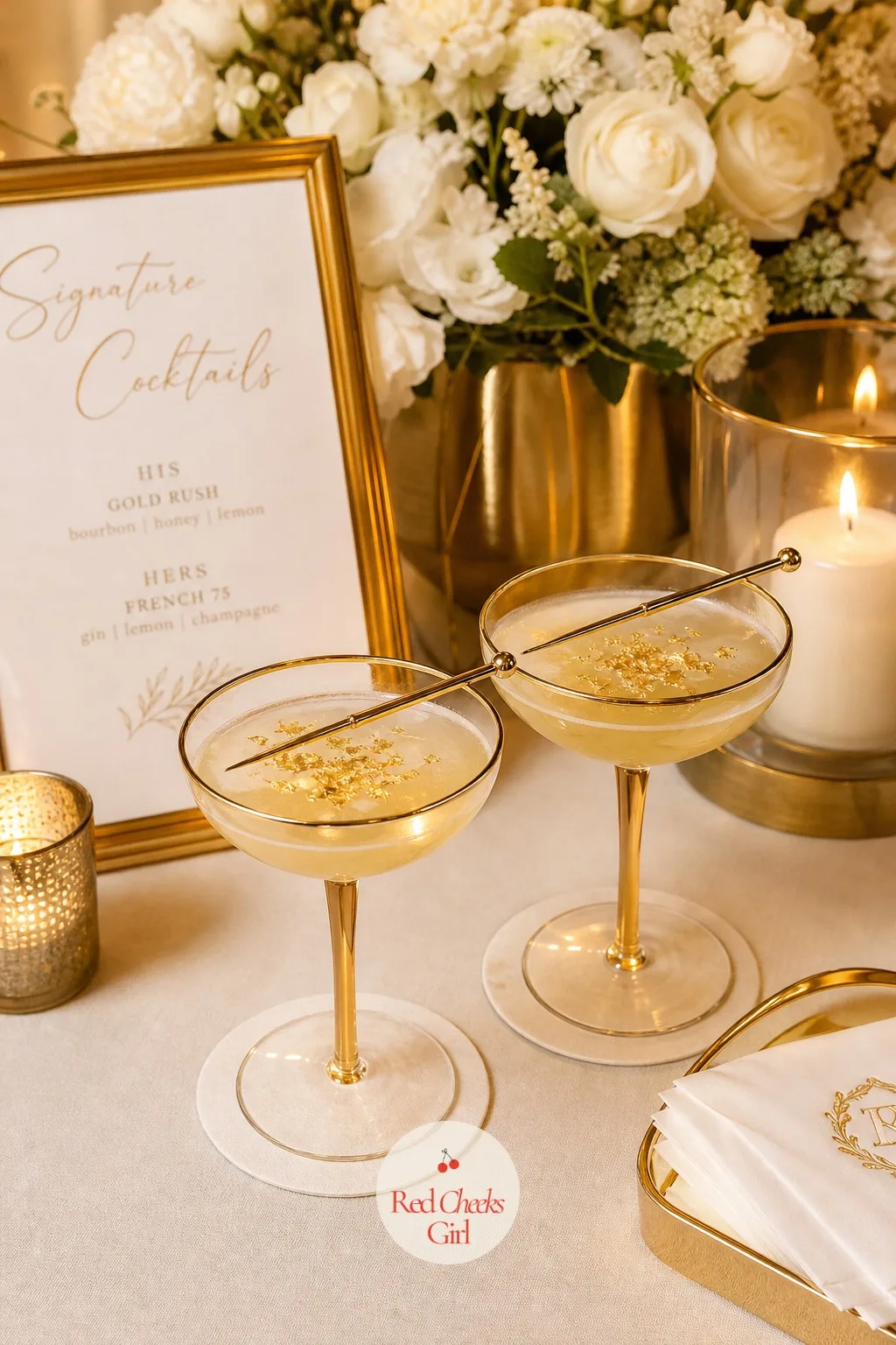 The Signature Cocktails — Every couple gets two signature drinks named after them somewhere in the program, and this is the one place the gold motif can