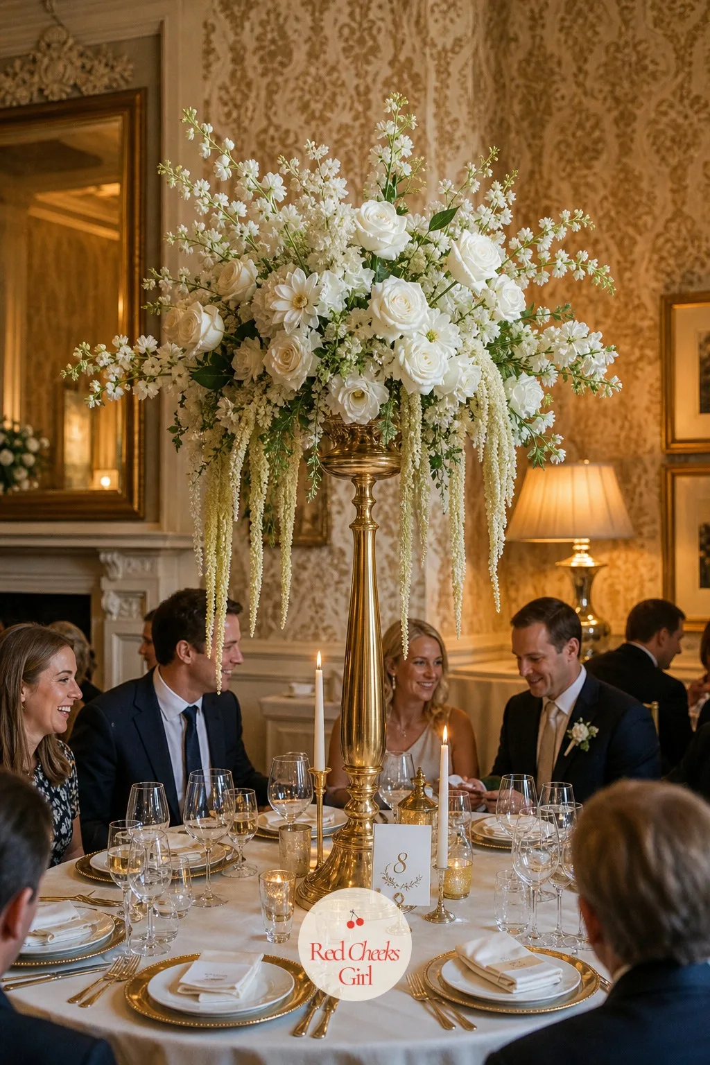 The Tall Centerpieces — Alternating tall and low arrangements is what stops a long reception table from looking like a single flat line down the middle, and