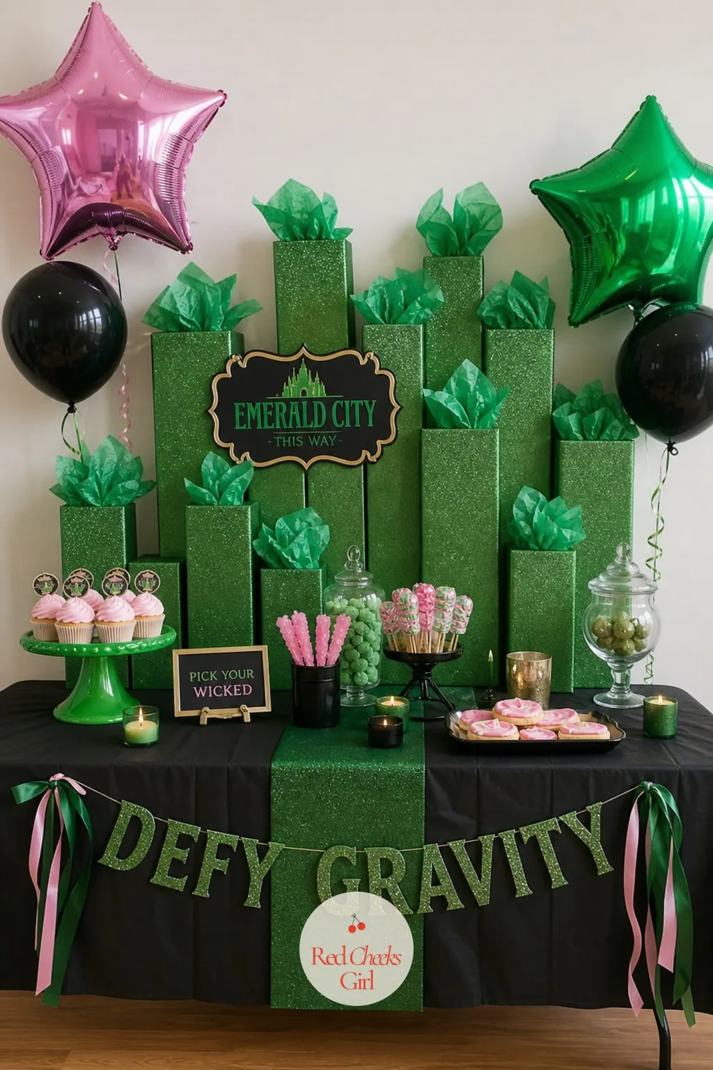 Emerald City Skyline Backdrop — A single poster of a skyline behind the cake table reads flat under party lighting. Wicked party ideas