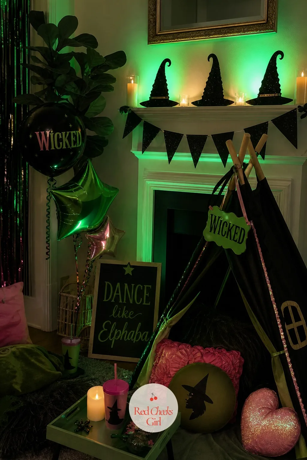 Green Uplit Dance and Sleepover Corner — Overhead lighting left on all night flattens every other green and pink detail in the room. Wicked party ideas
