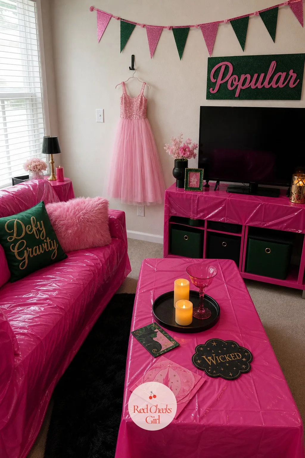 Pink Dorm-Room Movie Night Corner — Draping one pink tablecloth over the coffee table and calling it done leaves the rest of the living room looking like