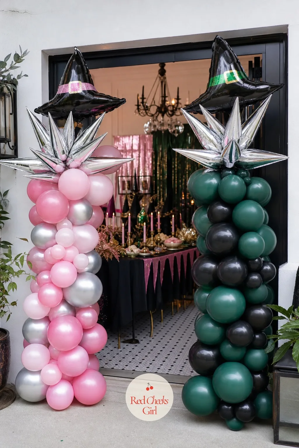 Pink and Green Balloon Arch — One flat balloon garland over the food table reads as any birthday, not Oz. Wicked party ideas