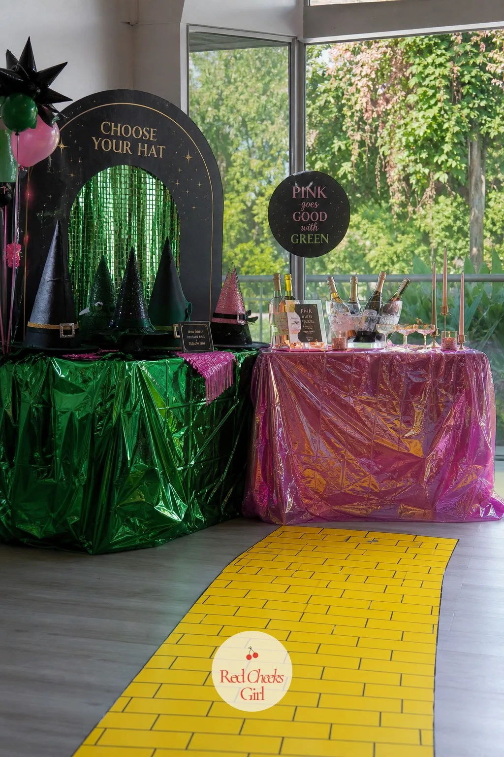 Yellow Brick Road and Two-Table Food Bar — A food table pushed against the wall never pulls guests across the room the way a path does. Wicked party ideas