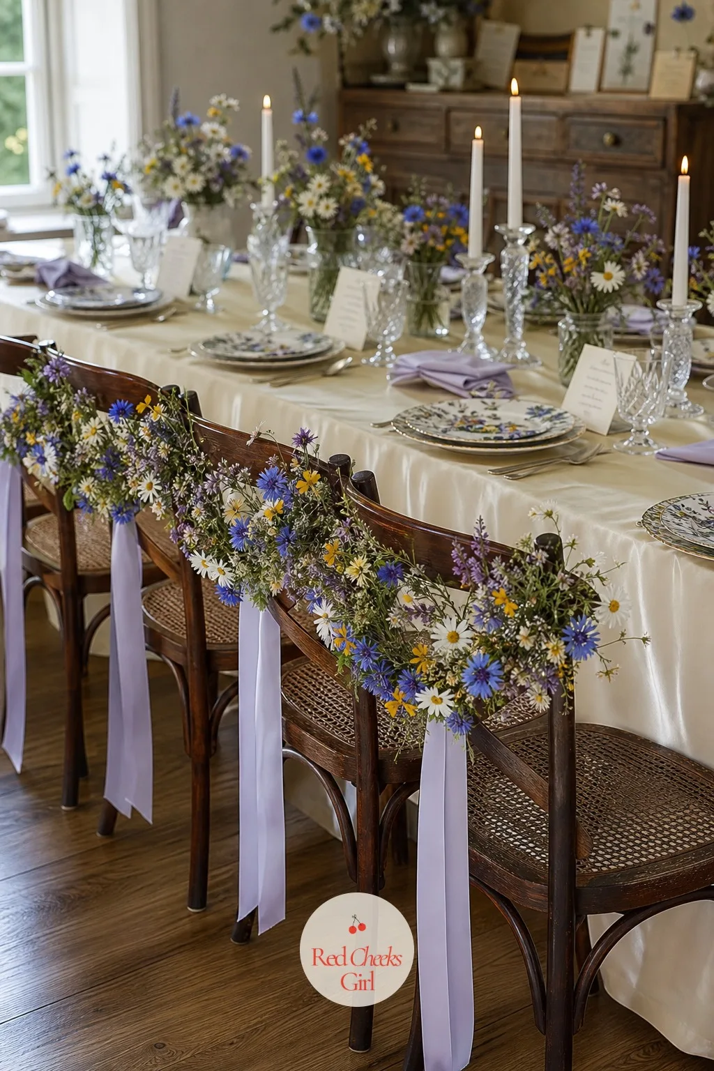 Chair Backs Trimmed with Wildflower Garland — The table looks finished from the front, but photos taken down its length still catch bare chair backs, and that