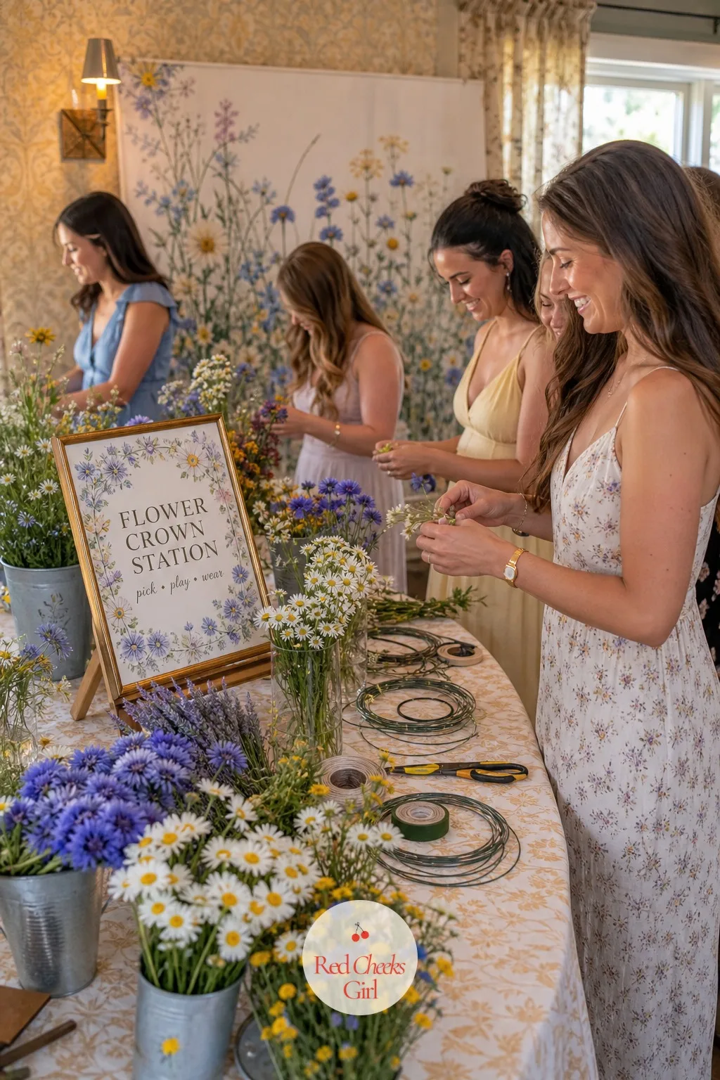 Flower Crown Station — Guests want something to do with their hands, not just a seat to watch gifts get opened from. Wildflower bridal shower theme