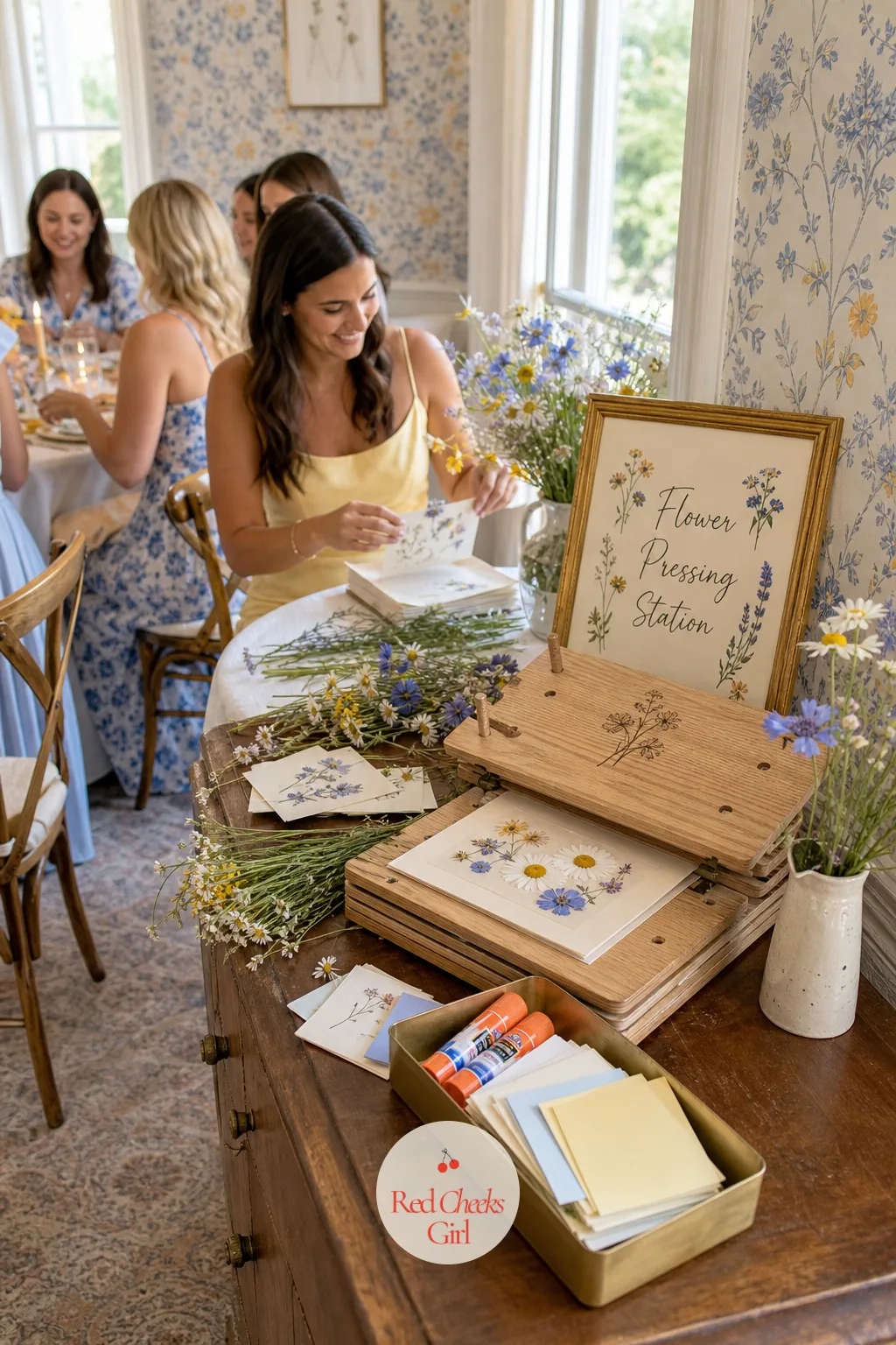 Flower Pressing Station — For guests who would rather sit quietly than stand at the crown table, a pressing station gives them something slower to do.