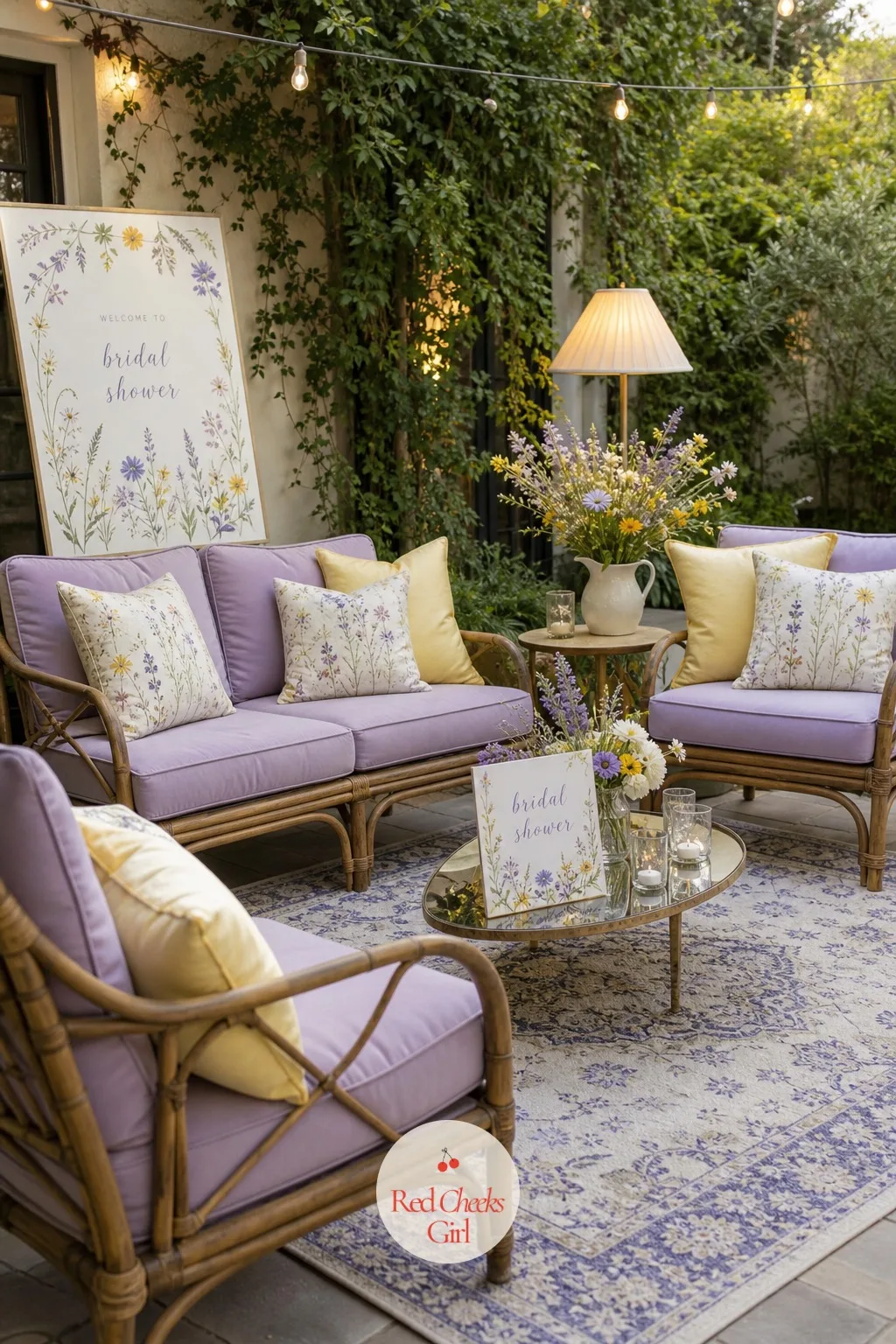 Garden Lounge Corner with Floral Cushions — Not every guest wants to sit at a long table the whole afternoon, and gift opening needs somewhere softer to land
