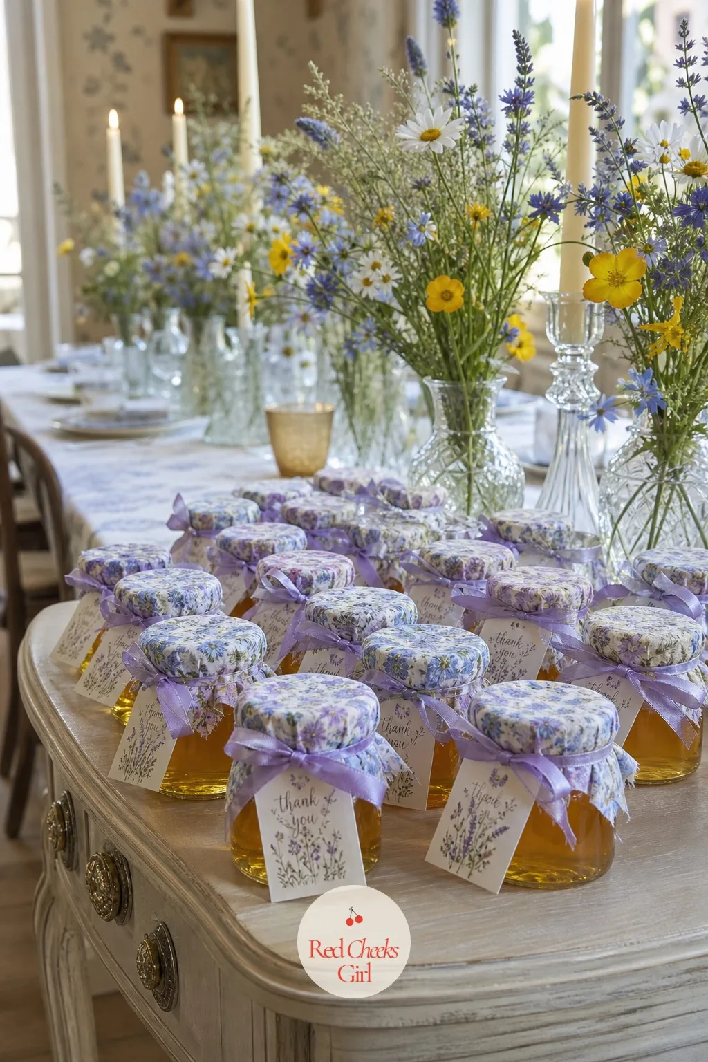 Honey Jar Favors — For a winter shower where seeds will not survive the trip home, something sweet takes over the same job just as well. Wildflower bridal