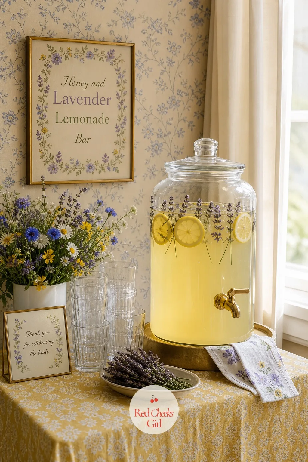 Honey and Lavender Lemonade Bar — Guests need something to sip while gifts get opened, and this one happens to smell like the backdrop behind it. Wildflower