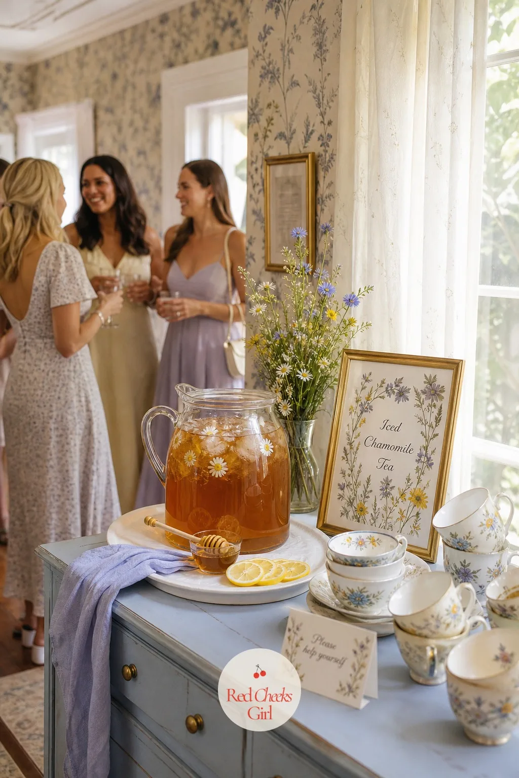 Iced Chamomile Tea Station — Not every guest wants something sweet all afternoon, and a second drink keeps the bar from feeling one note. Wildflower bridal