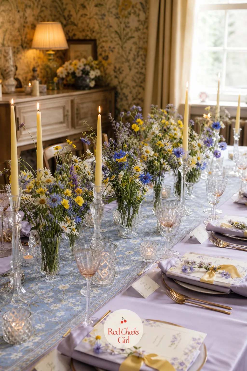 Long Table with Market Wildflowers in Mismatched Crystal Candlesticks — This is the table every photo comes back to, so it earns the most attention of anything