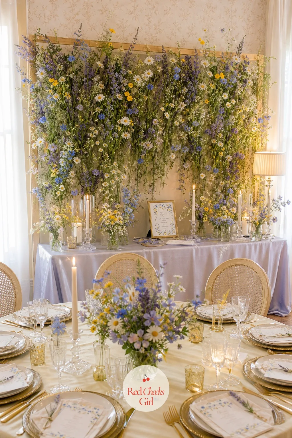 Meadow-Style Floral Backdrop — Walk into the room and the first thing she should see is a wall that already looks like it grew there, not a rented space with a