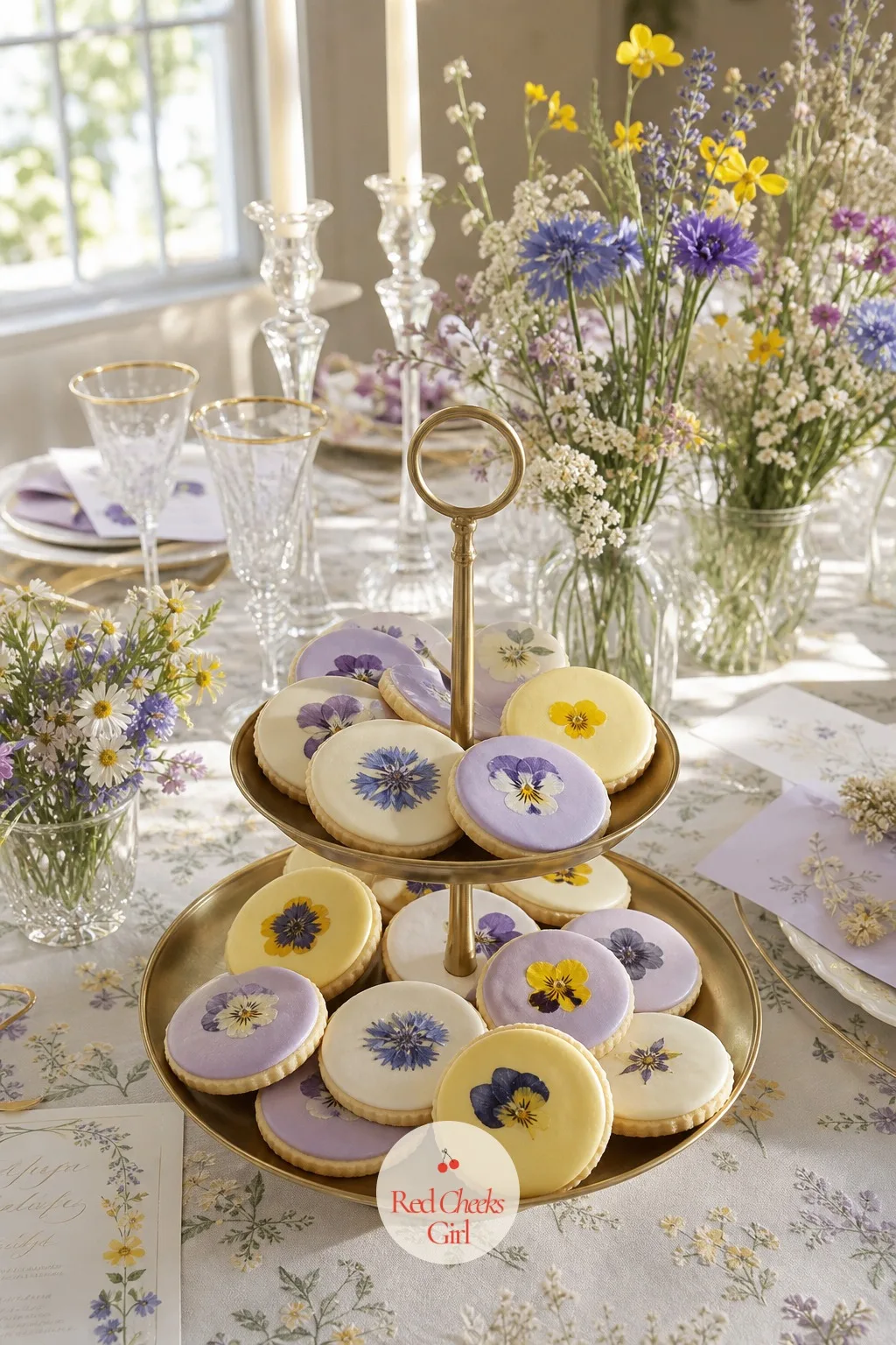 Pressed Flower Cookies — A small sweet guests can eat with their tea, carrying the same pressed flower idea from the place cards straight onto a plate.