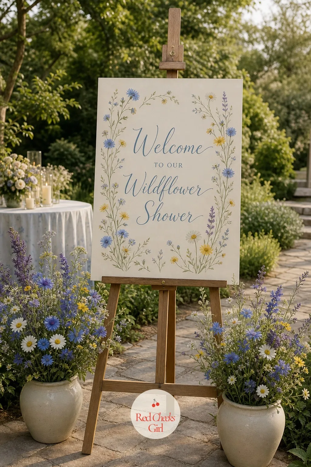 Welcome Sign in the Meadow — Guests need to know they are in the right place without anyone stationed at the door to tell them. Wildflower bridal shower theme