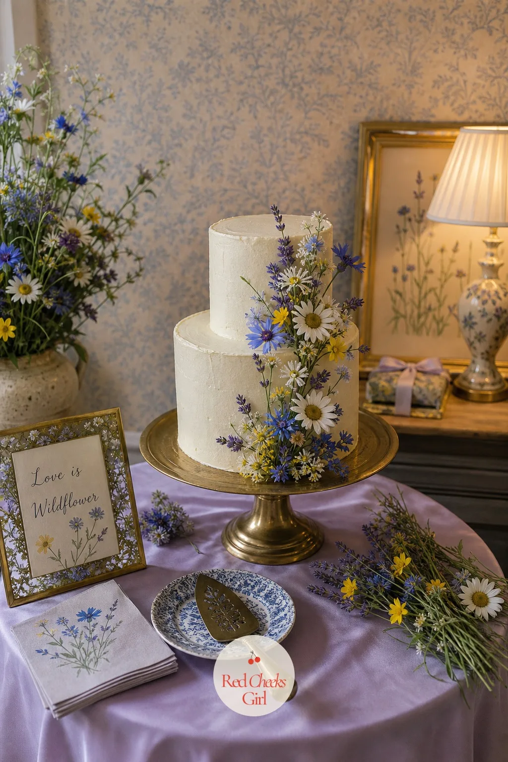 Wildflower Cake — The cake gets photographed before anyone cuts into it, so it is worth getting the details right on its own small table. Wildflower bridal