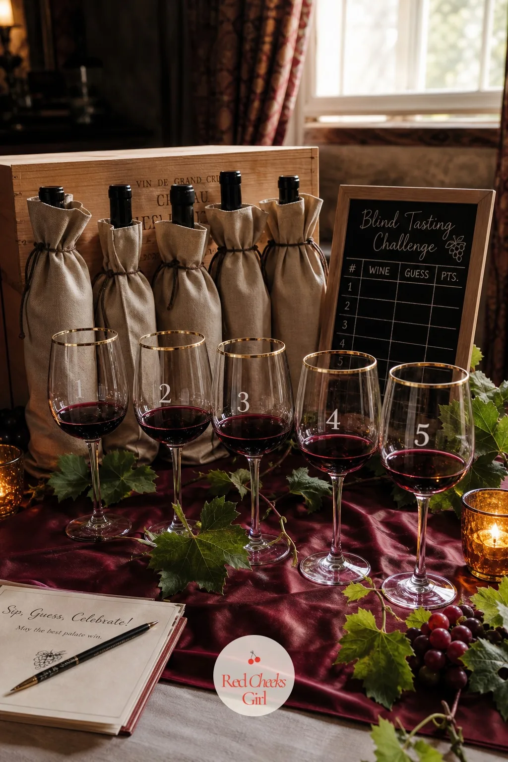 The Blind Tasting Flight Challenge — Scorecards tell her what she liked. Winery bachelorette party ideas